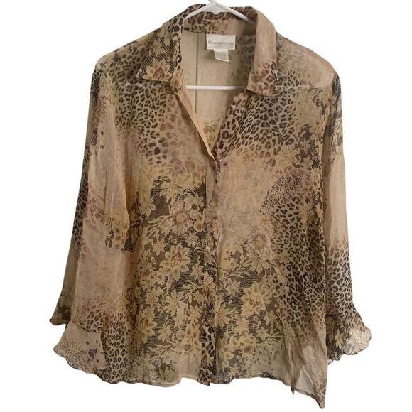 Vtg 90s Womens Sheer Button Down XL Leopard Patchwork Siren 3/4 Ruffle Sleeve - Picture 1 of 4